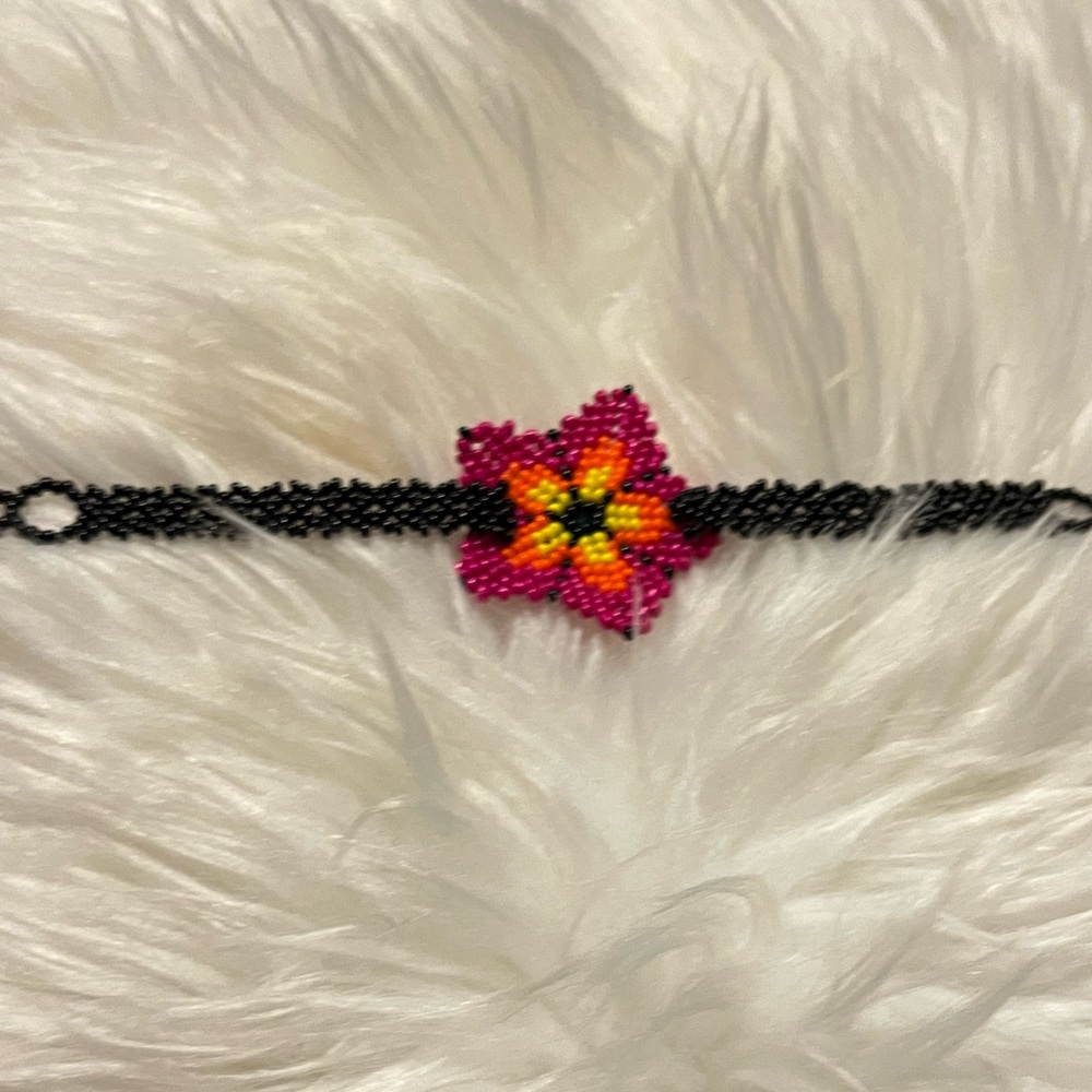 Hand Crafted Black Bracelet with Pink and Yellow Flower